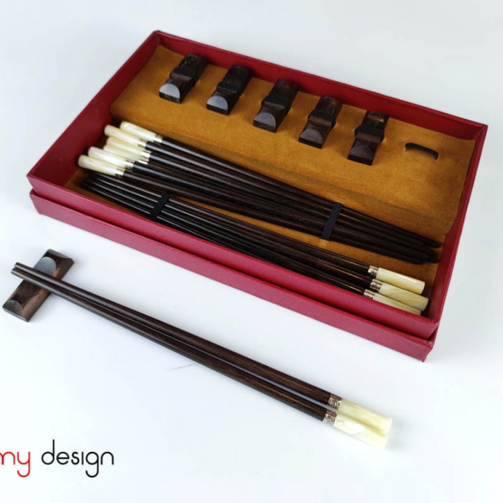 Set of 6 pairs of round rosewood chopsticks with snail head of chopstick, silver border with chopstick holders